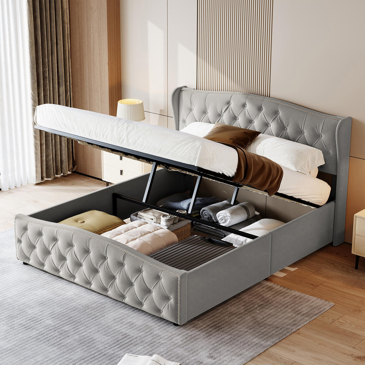 DOPPELBETT 140x200 cm Grau Samt, Polsterbett, Hydraulischer Bettkasten, Diamant-Knopfheftung, Tragfähigkeit 300 kg, Skandinavischer Stil - Grau, Metall (140/200cm) - GENKI LIVING