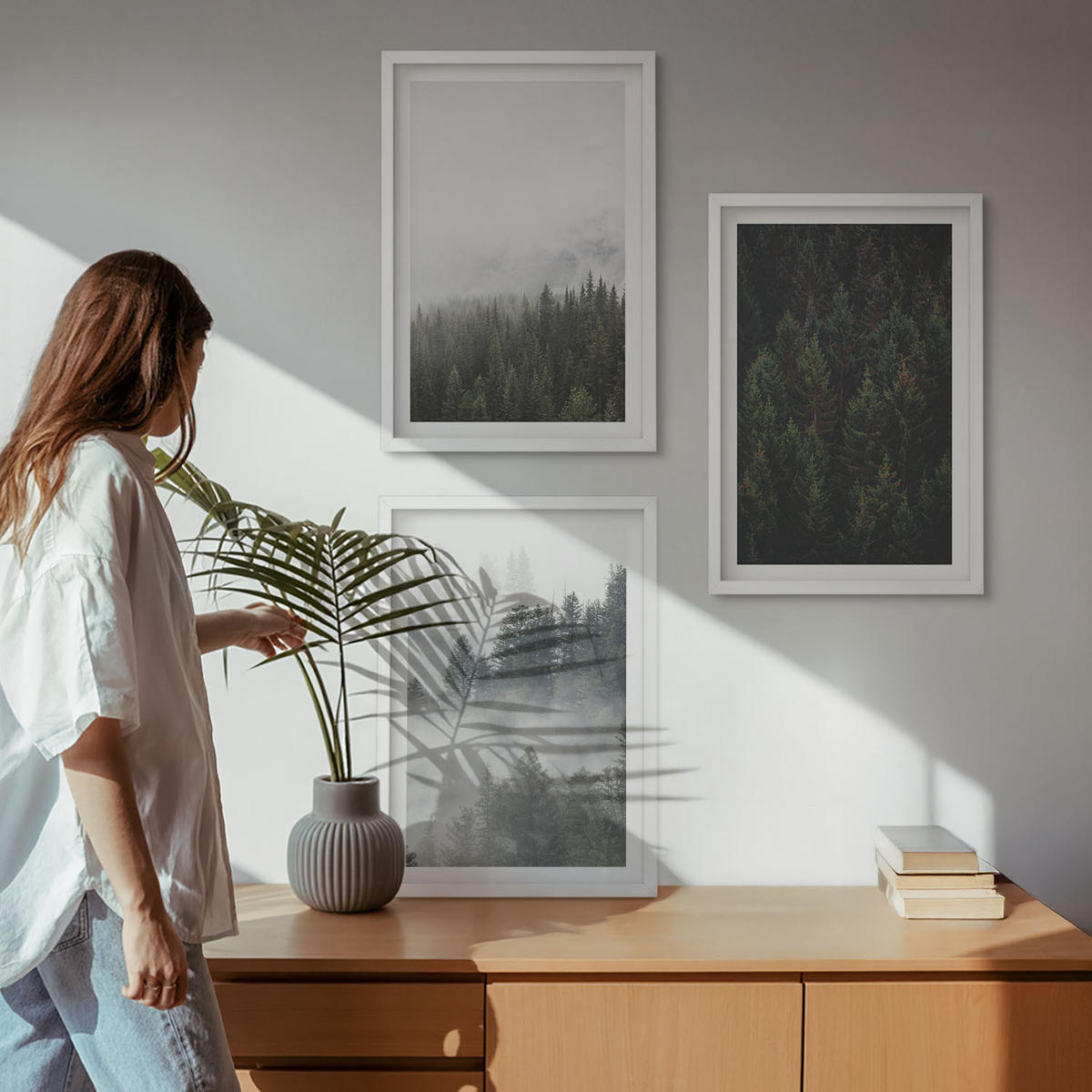 BILDER SET 3er Set - 40x60 cm Weißer Rahmen - Grüne Wälder Nebel Natur - Weiß, Kunststoff (40/60cm) - TULUP