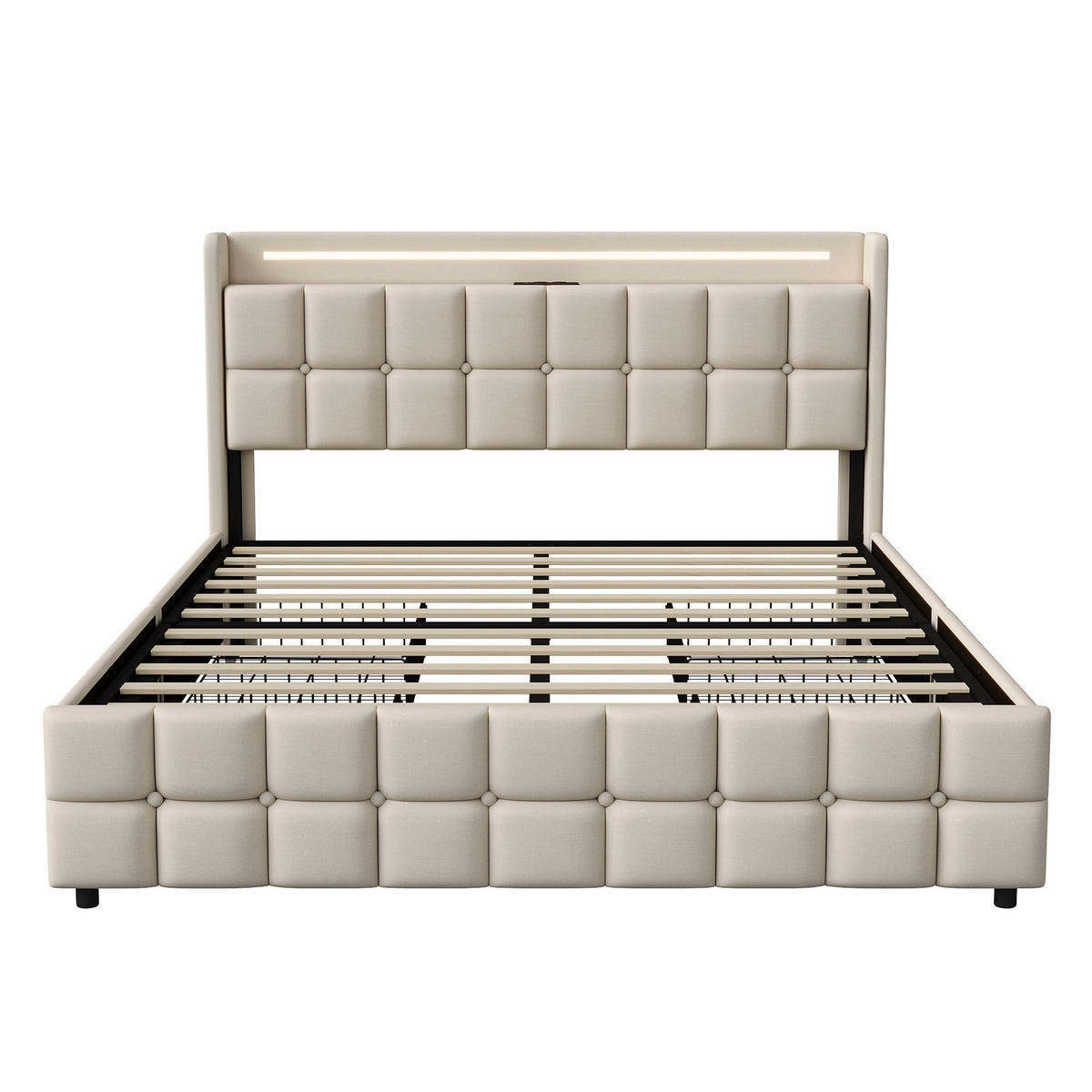 POLSTERBETT 160x200 cm Square Smart mit RGB-LED, EU-Steckdosen & USB-Ports, 4 Schubladen, Leinen-Optik, Beige - Beige, Textil (160/200cm) - DELFA