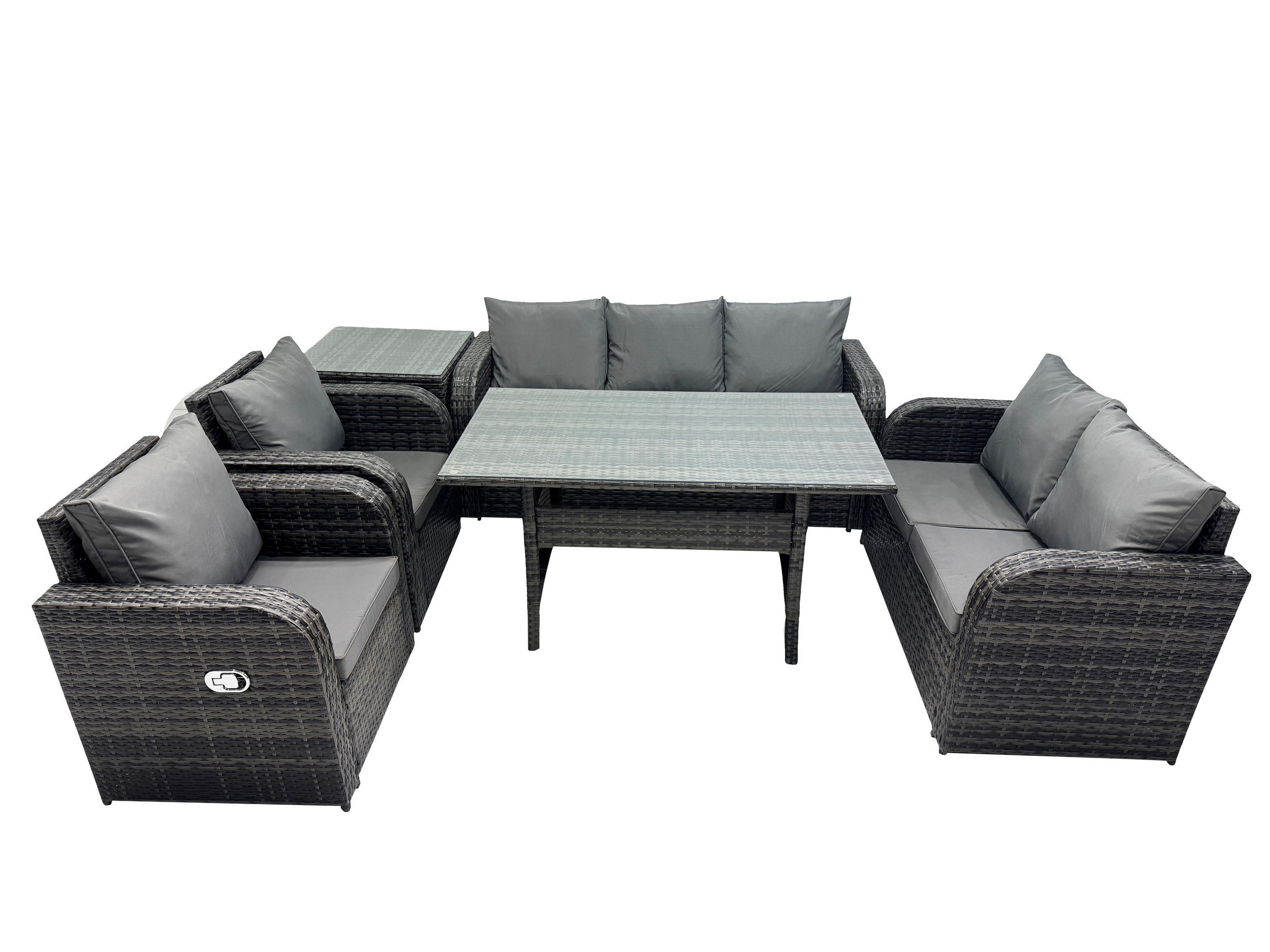 Gartenmöbelset mit Esstisch,3-Sitzer Sofa,Beistelltisch Polyrattan Dunkelgrau 7-Sitzer - Dunkelgrau/Grau, Glas/Kunststoff - Fimous