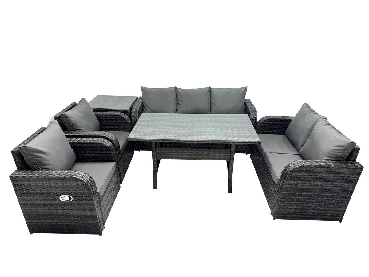 Gartenmöbelset mit Esstisch,3-Sitzer Sofa,Beistelltisch Polyrattan Dunkelgrau 7-Sitzer - Dunkelgrau/Grau, Glas/Kunststoff - Fimous