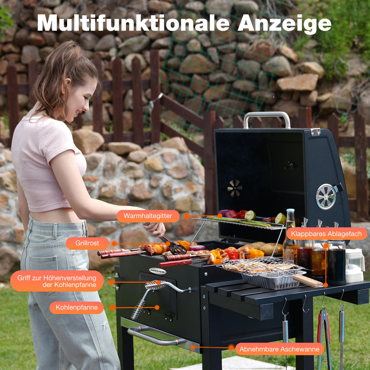 HOLZKOHLEGRILL mit Abdeckung - Schwarz, Metall (55/104/113cm) - HOMAVO