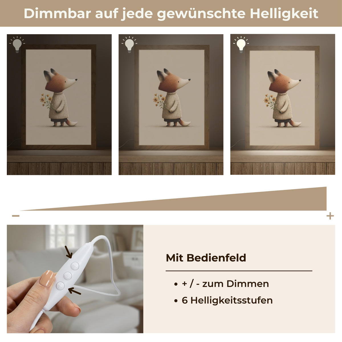 NÁSTĚNNÁ LAMPA Liška - Žluté květy - Minimalistický 20x30 cm - šedohnědá, kompozitní dřevo (20/30/8cm) - OnlyWow