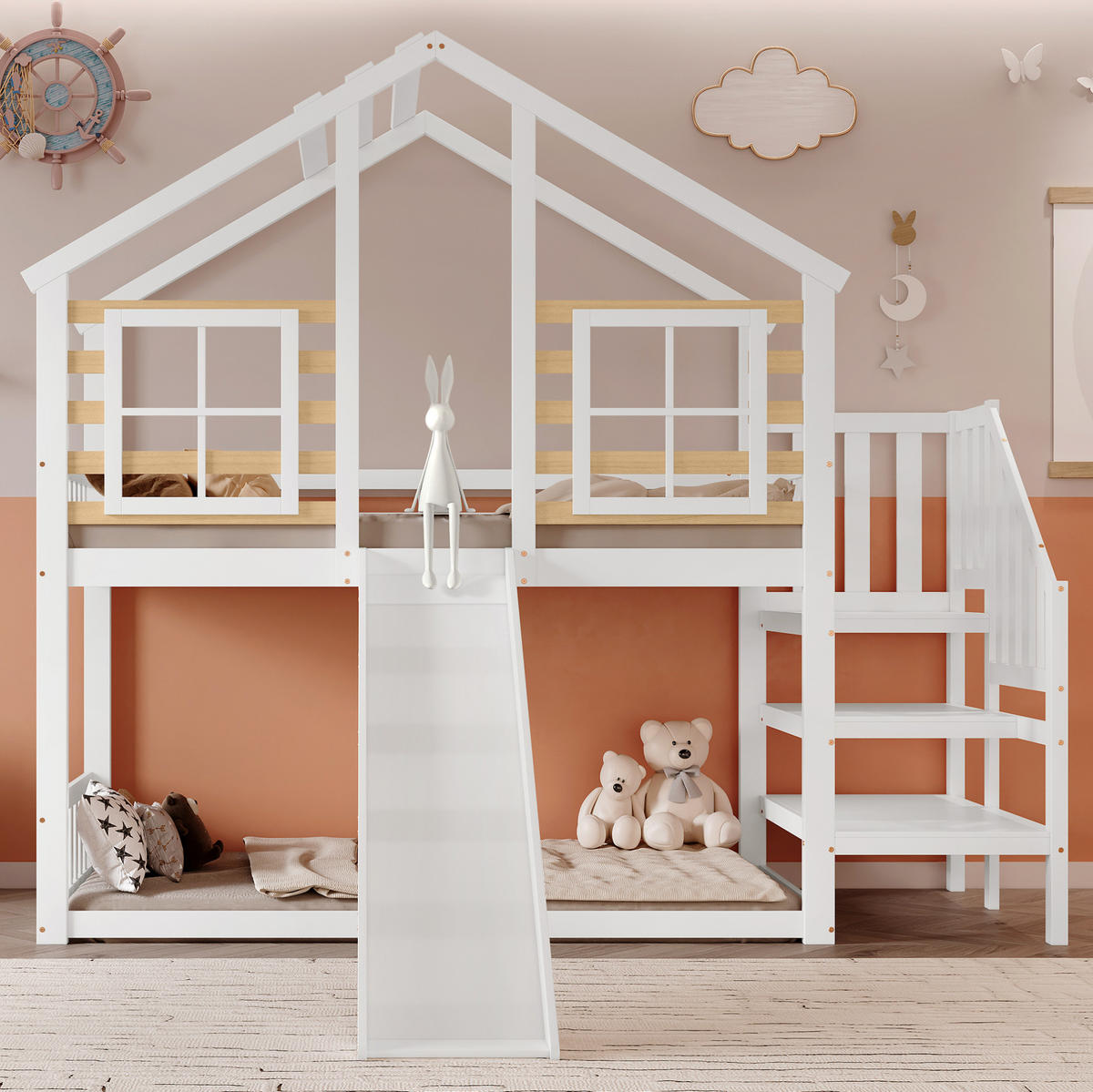 HAUSBETT 90/200 cm mit Rutsche und Treppe, Weiß/Natur - Weiß, Holzwerkstoff (90/200cm) - Flora Grace
