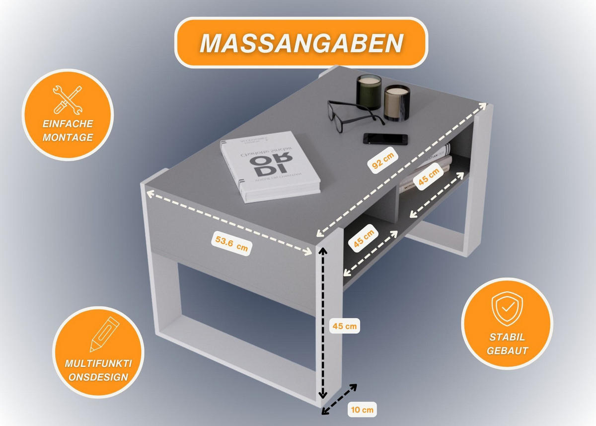COUCHTISCH Holzwerkstoff rechteckig stabil Dunkelgrau 45/53,6/92cm - Dunkelgrau/Weiß, Holzwerkstoff (53.6/92/45cm) - CraftPAK