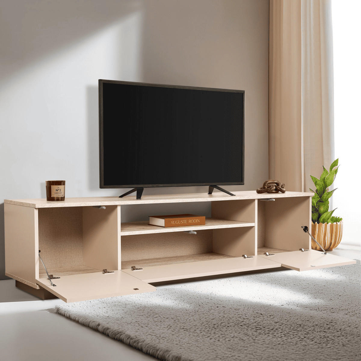 TV furniture with 3 folding doors and 1 niche, L180 cm - Beige, Holzwerkstoff (44.5/44.6/12cm) - Calicosy