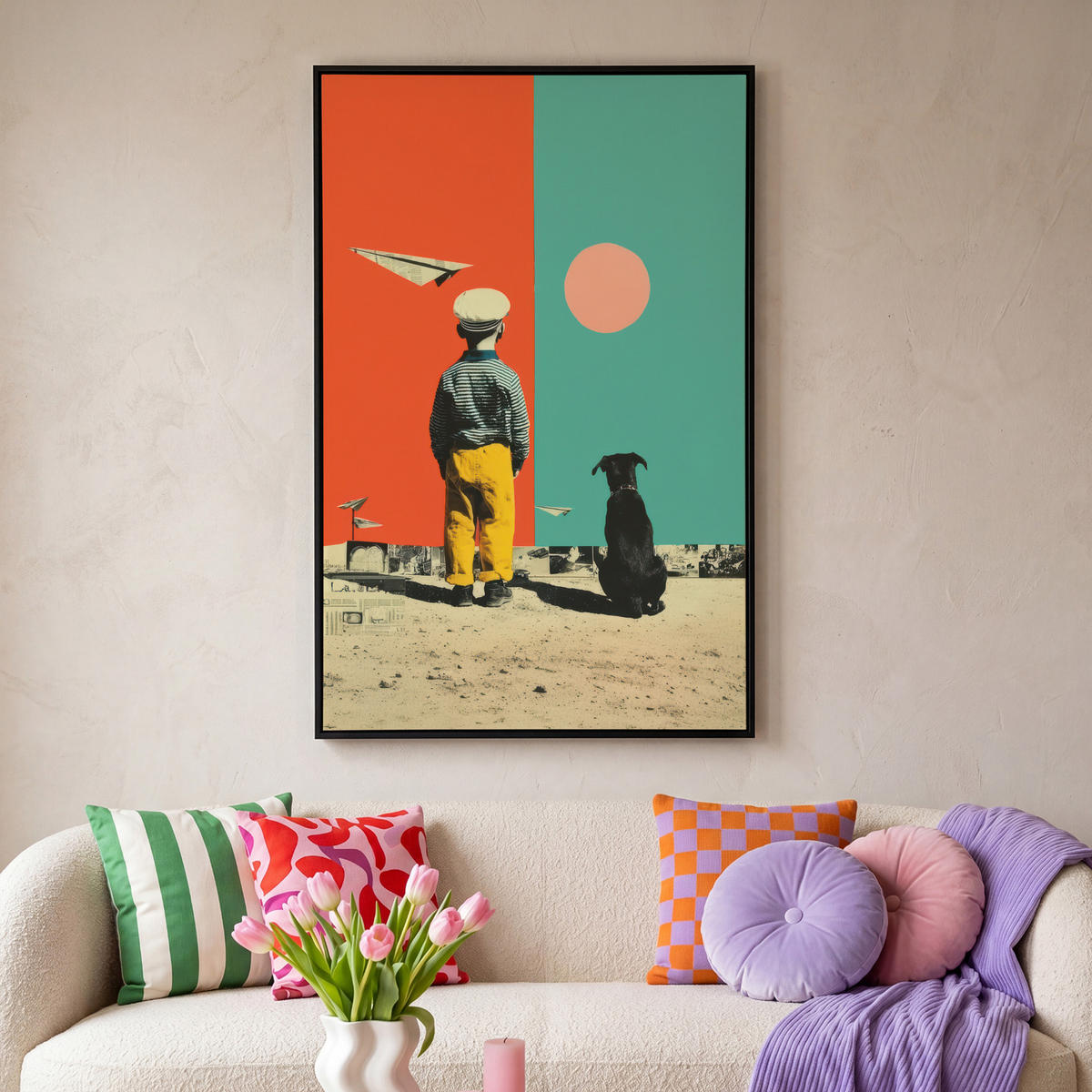 LEINWAND Bilder mit Rahmen - Retro - Junge - Hund - Rot - Grün - 90x140 - Orange, Textil (90/140cm) - MuchoWow