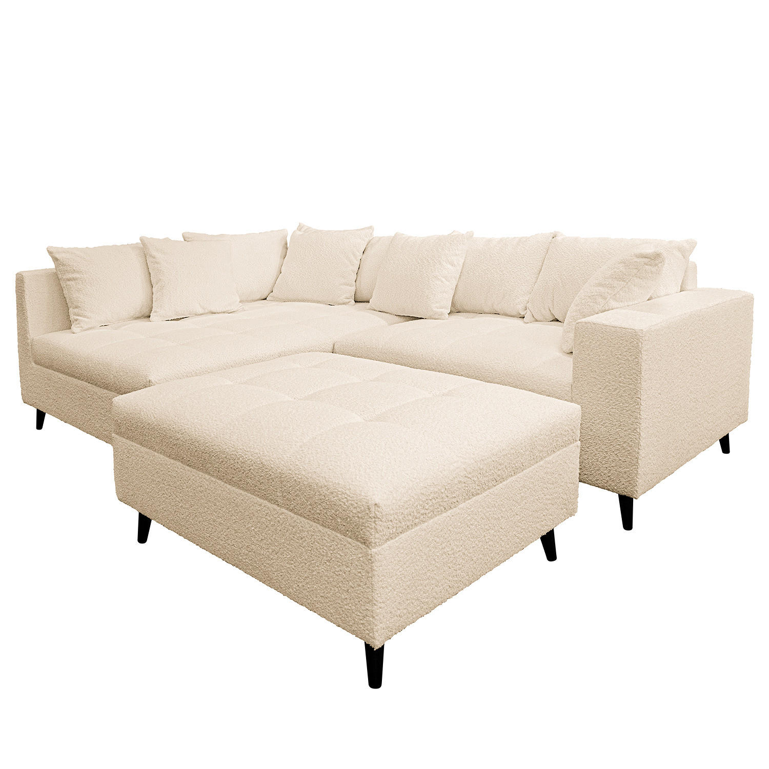 ECKSOFA mit Ottomane und Hocker - Beige/Schwarz, Birkenholz/Textil (247/174cm) - home24