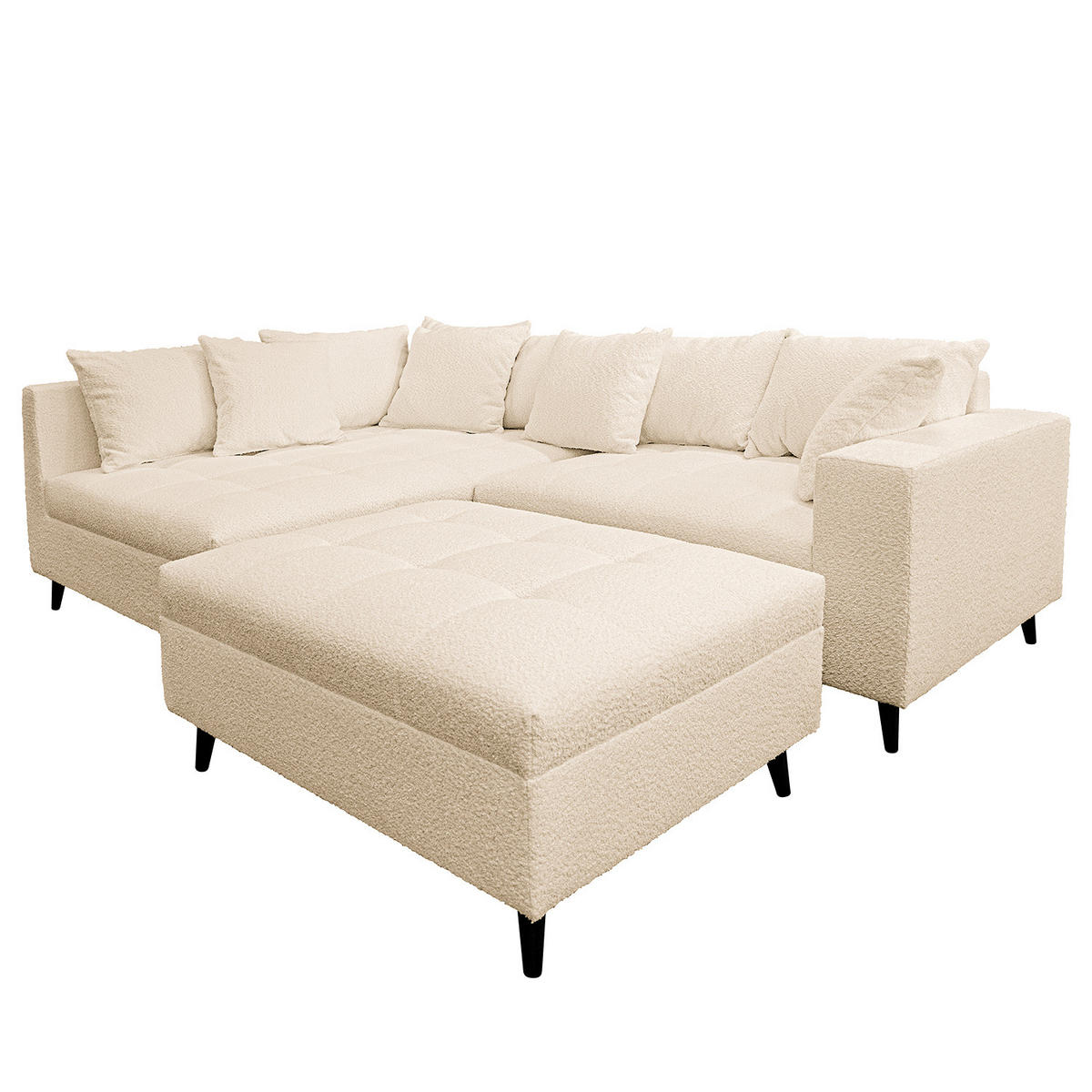 ECKSOFA mit Ottomane und Hocker - Beige/Schwarz, Birkenholz/Textil (247/174cm) - home24