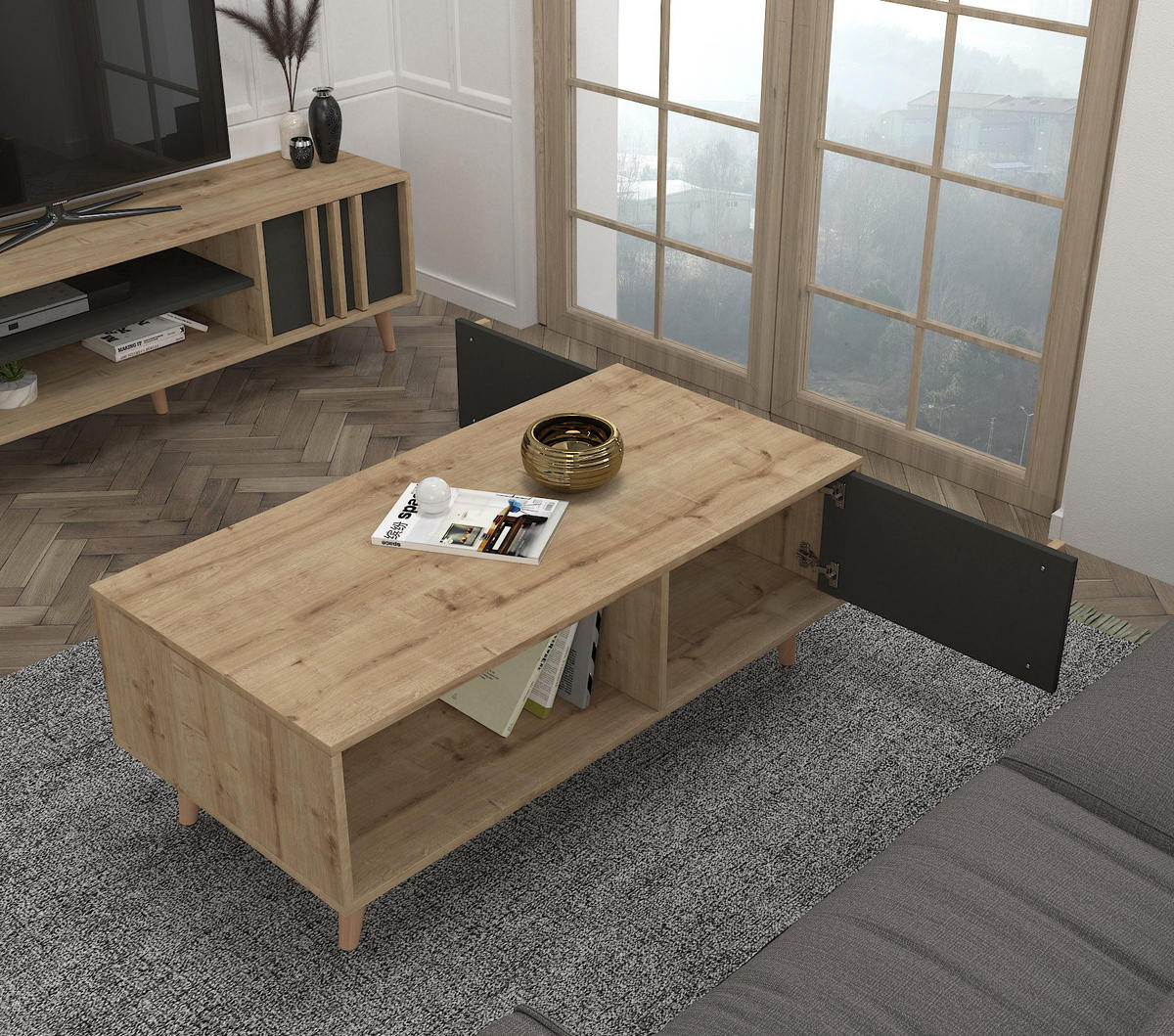 COUCHTISCH Malmo Saphir Anthrazit - Anthrazit/Beige, Holzwerkstoff/Kunststoff (60/120/45cm) - moebel17