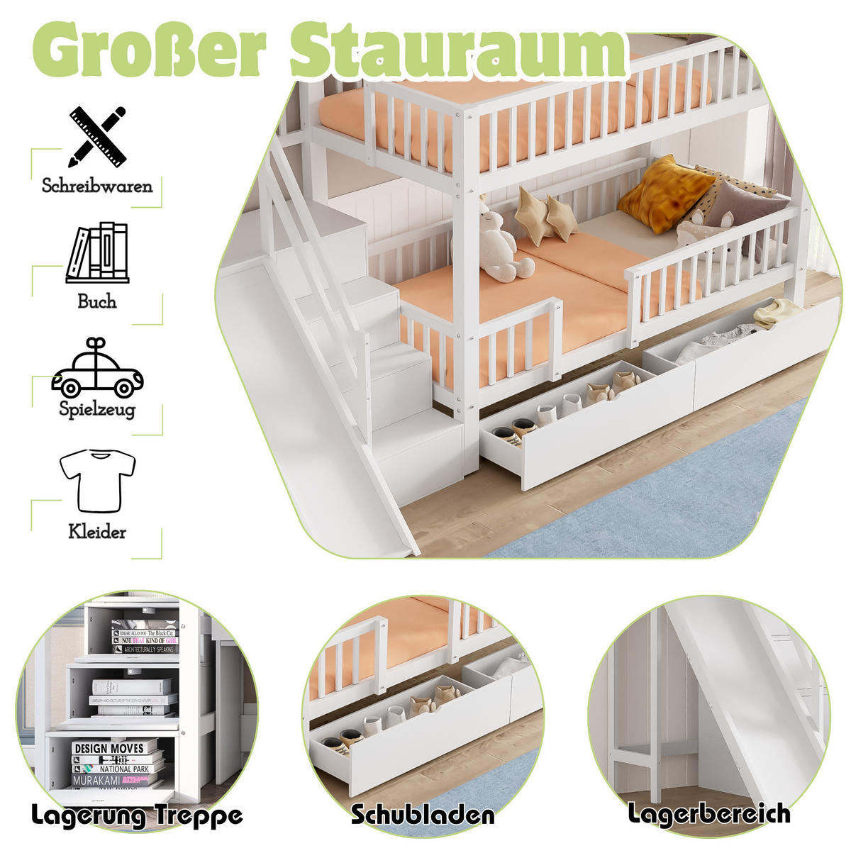 ETAGENBETT 90/200 cm Weiß aus Massivholz mit Rutsche, Treppe und 2 Schubladen - Weiß, Holz (90/200cm) - Flora Grace