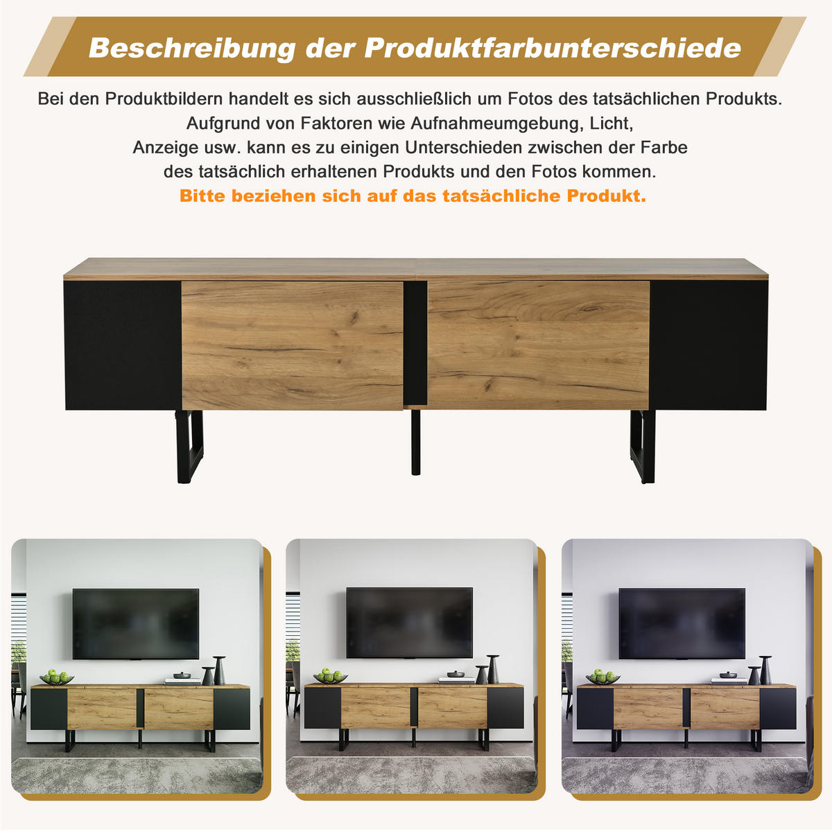 TV STOLEK přírodní barva se 2 skříňkami a otevřenými policemi, pro TV do 75", 180 × 40 × 55 cm - přírodní/černá, kov/kompozitní dřevo (180/55/40cm) - STILVORA