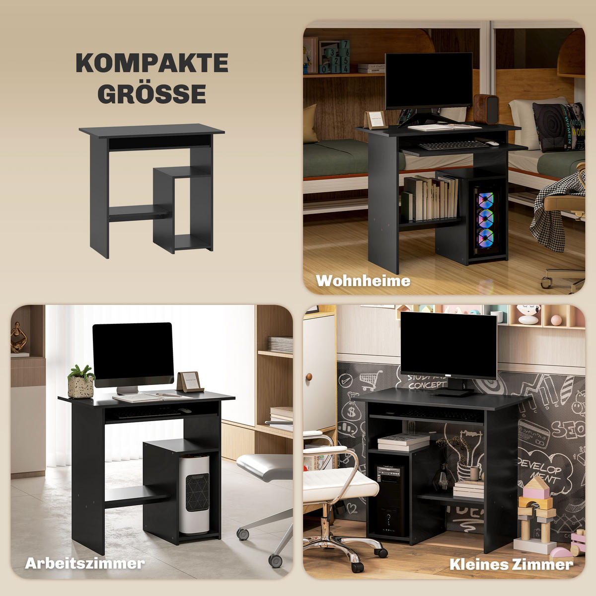 COMPUTERTISCH mit offenen Fächern, 80 x 45 x 75 cm, Schwarz - Schwarz, Holzwerkstoff (45/80/75cm) - HOMCOM