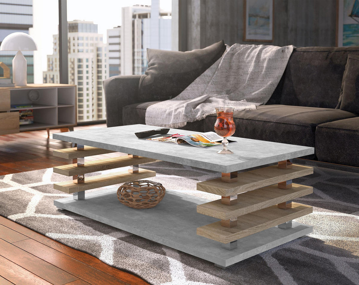 COUCHTISCH rechteckig Beton Sonoma Ablage 120/40/60 cm - Hellgrau/Sonoma Eiche, Holzwerkstoff (60/120/40cm) - designimpex