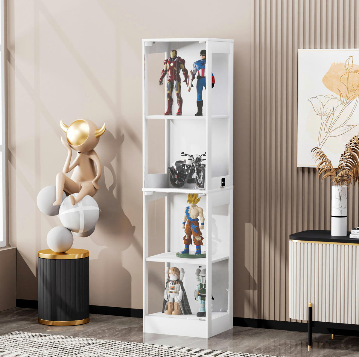 VITRÍNA z MDF a skla 40x165x35 cm bílá s LED osvětlením, senzorem pohybu a skleněnými dveřmi - bílá, kompozitní dřevo (40/165/35cm) - Modfu