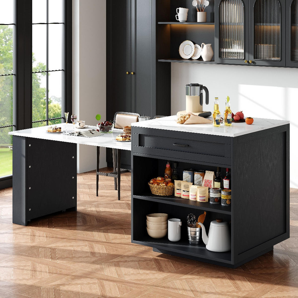 KÜCHENINSEL AUSZIEHBARER BARTISCH mit Stauraum, MDF Schwarz, für 2-6 Personen, 133-202/70/93,5 cm - Schwarz, Kunststoff (70/93.5/202cm) - Rolipo
