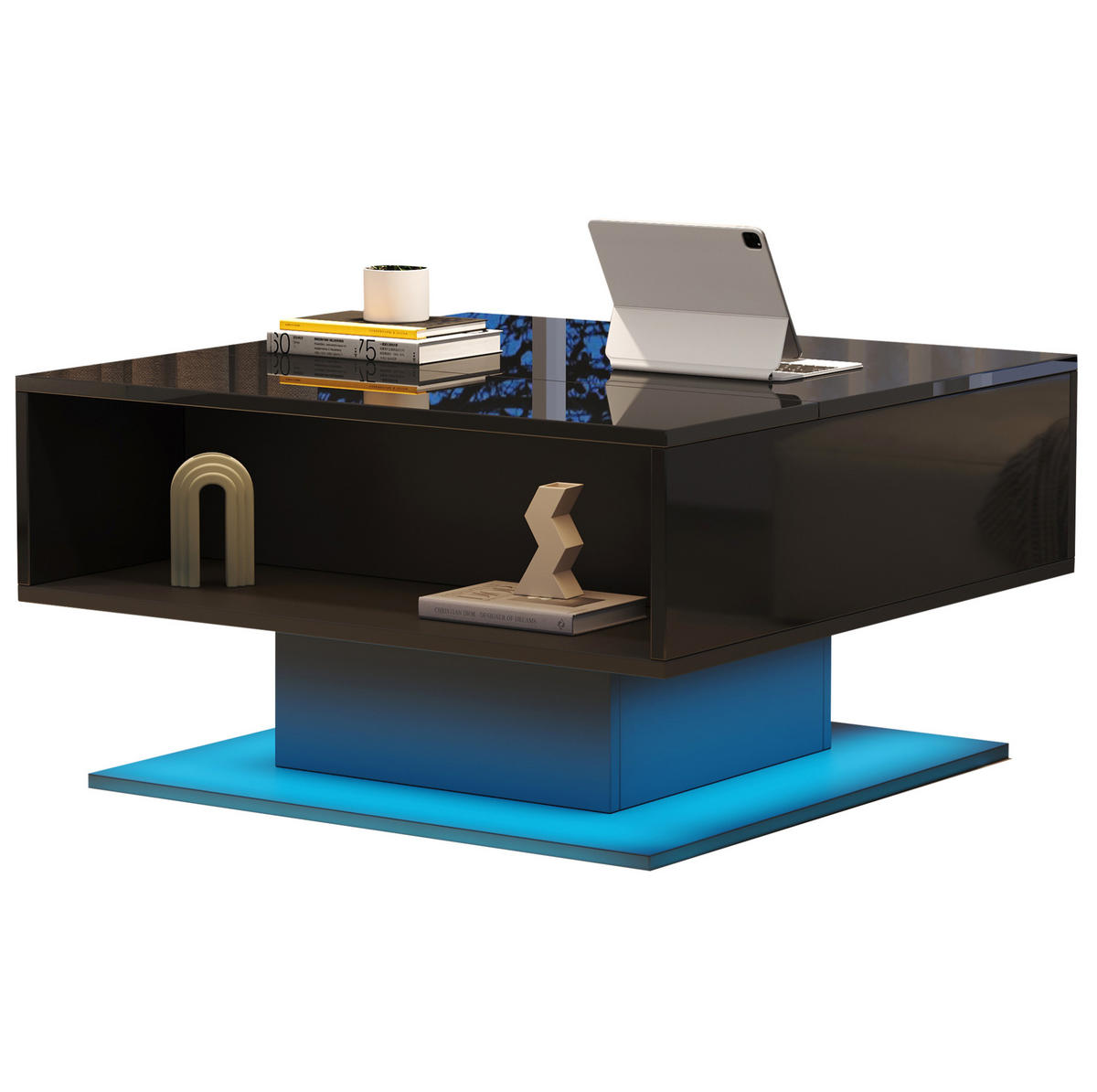 COUCHTISCH mit Ablage 80/75 cm höhenverstellbar mit LED-Beleuchtung in Schwarz - Schwarz, Holzwerkstoff (80/77/40cm) - BEAOK