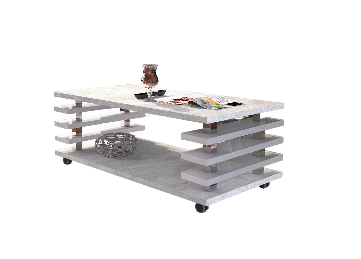 COUCHTISCH rechteckig Beton Weiß Hochglanz Ablage Rollen - Weiß Hochglanz/Hellgrau, Holzwerkstoff (60/120/45cm) - designimpex