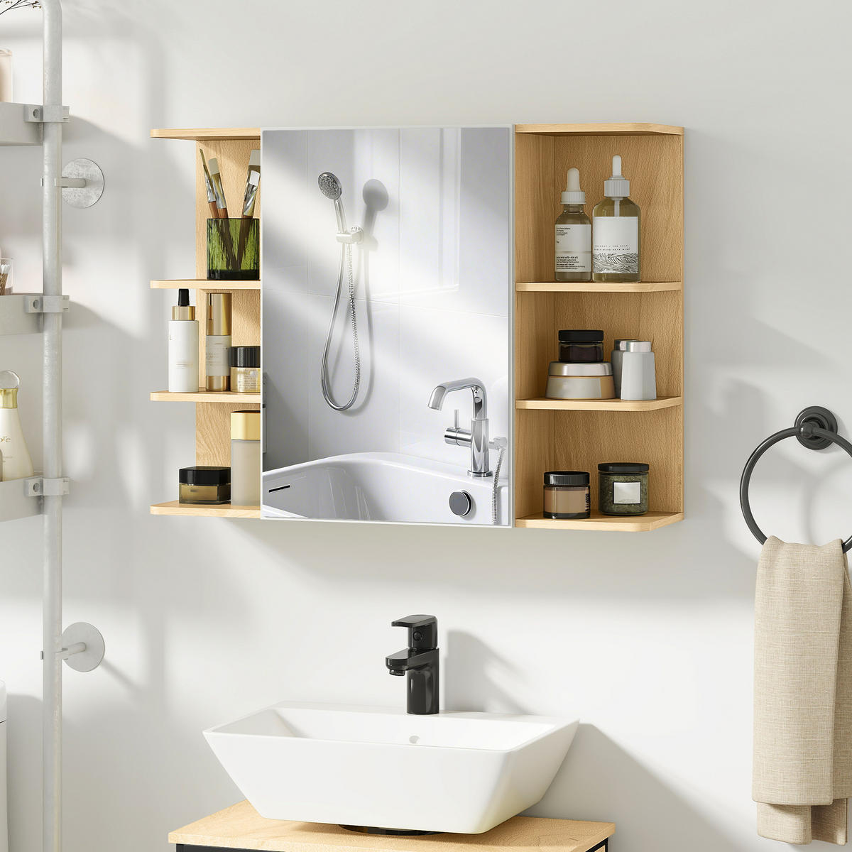 SPIEGELSCHRANK mit 2-stöckigem Schrank und 6 offenen Fächern, 80 x 20 x 59 cm ,Holz - Braun, Glas (80/59/20cm) - Vallsero