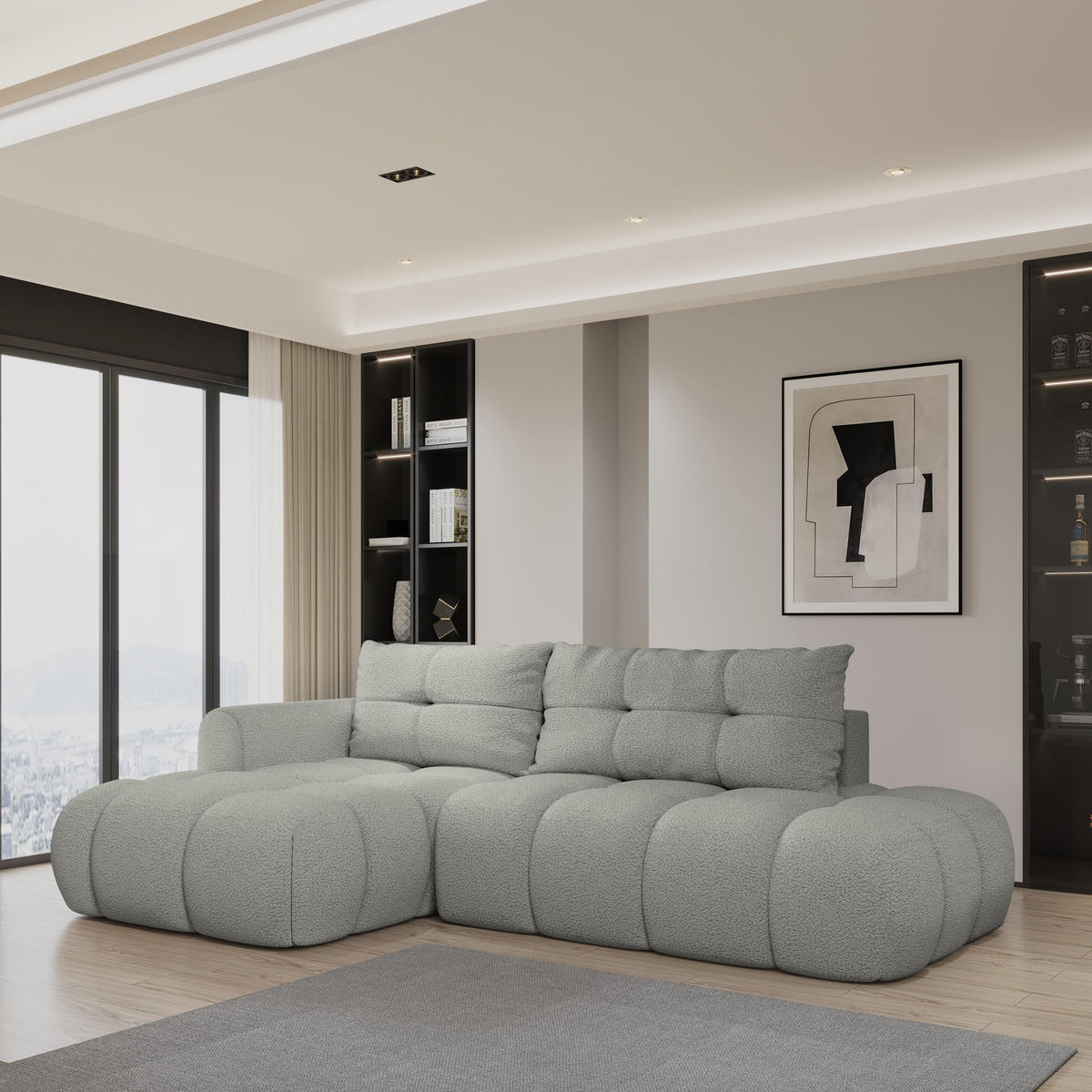 ECKSOFA FLUMA L-S Hellgrau Boucle-Stoff mit Schlaffunktion - Hellgrau, Holz (274/165cm) - MASSENO