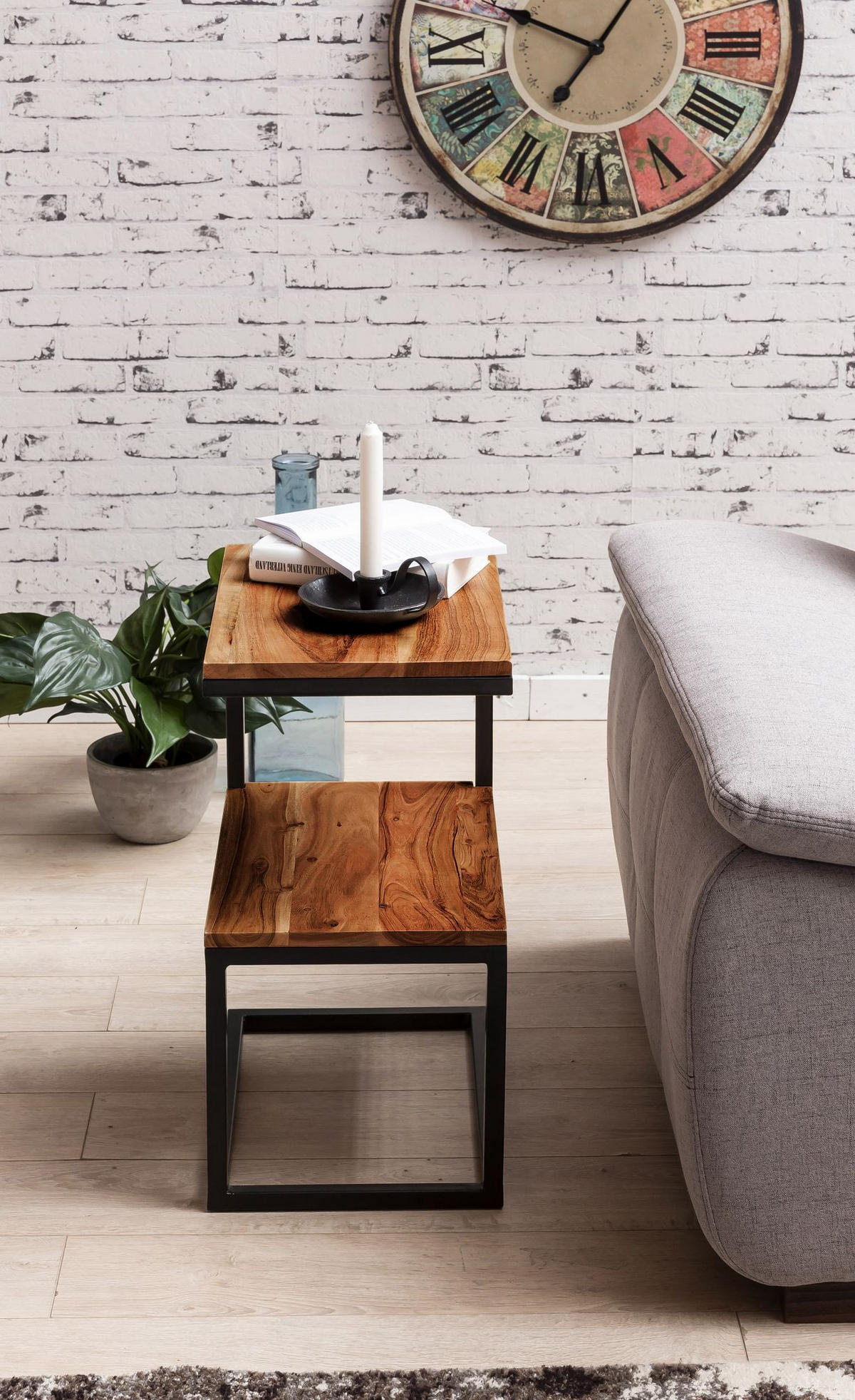 BEISTELLTISCH Massivholz Metall S-Form Landhausstil AKOLA, Dunkelbraun 30x45x60 cm - Schwarz/Braun, Holz/Metall (45/30/60cm) - KADIMA DESIGN