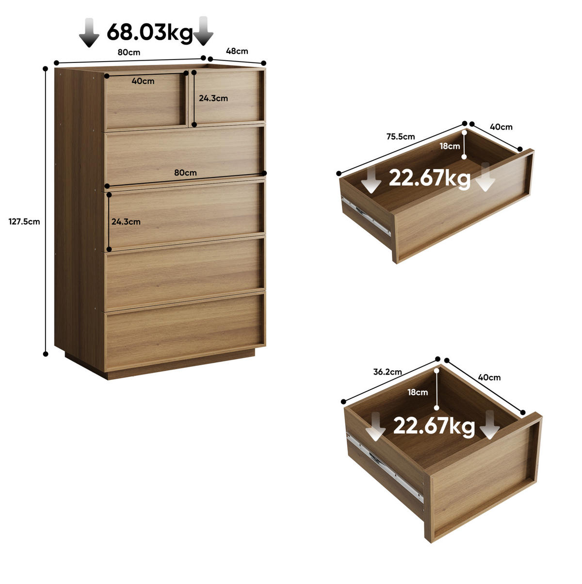 KOMMODE 80/48/127 cm in Eichefarben mit 6 Schubladen und griffloser Front - Nussbaumfarben, Holzwerkstoff (80/127/48cm) - Flora Grace