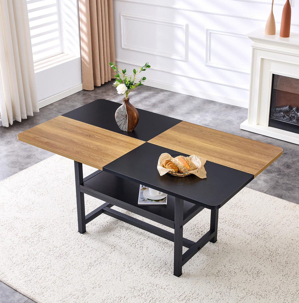 ESSTISCH 160/90/76 cm Braun Schwarz mit Ablage aus MDF und Metall - Schwarz, Holzwerkstoff (160/90/76cm) - OKWISH