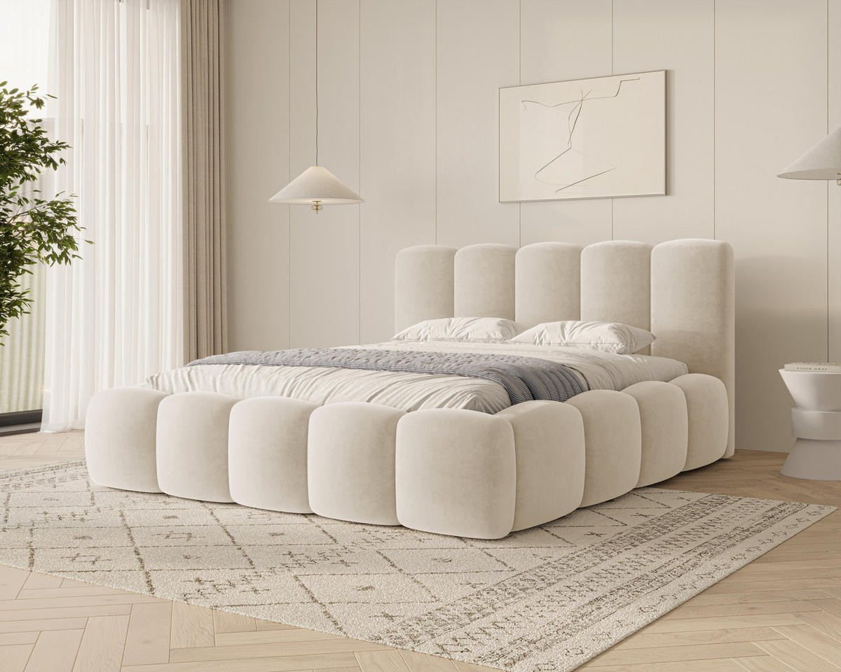 POLSTERBETT 18 - 140x200 cm – Riviera – Gepolstertes Bett mit Metall-Lattenrost - Creme, Holz (140/200cm) - ROYAL24_MARKT