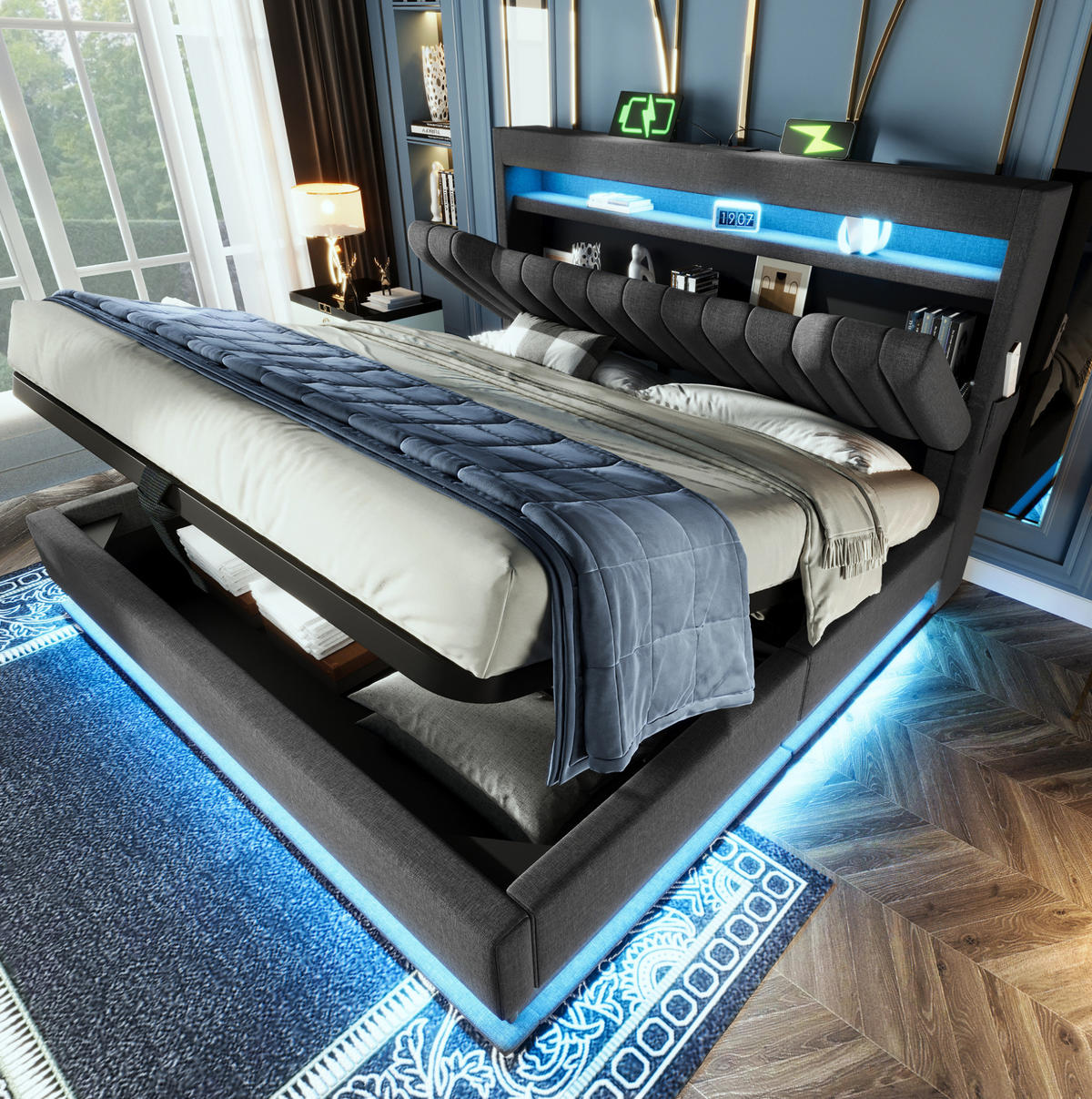 BETT mit Stauraum und LED 140x200 cm Leinen Grau - Grau, Metall (140/200cm) - Meubliv