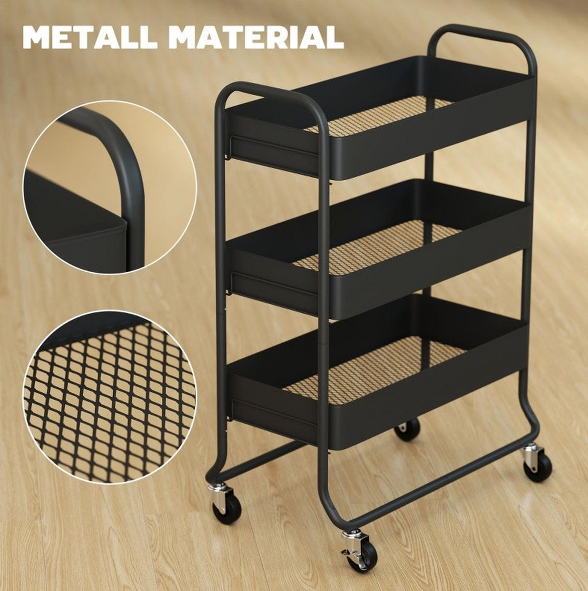 KÜCHENINSEL 64,5/34/87 cm mit 3 Körben, 4 Rollen und Metallgestell, Schwarz - Schwarz, Metall (64.5/87/34cm) - Redom