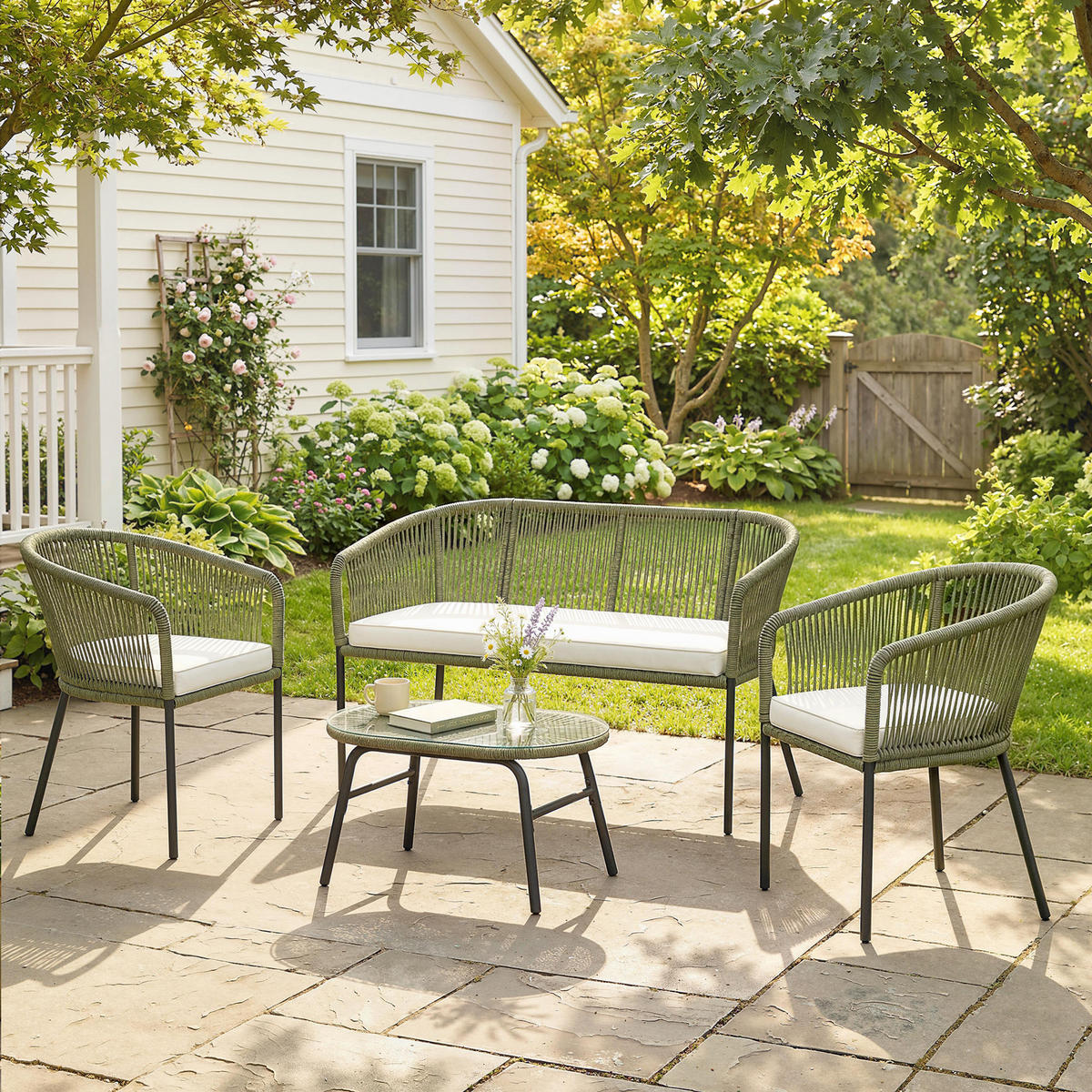 GARTENLOUNGE-SET Creme Stahl 4-teilig mit Kissen - Creme, Holzwerkstoff - PANGIVO