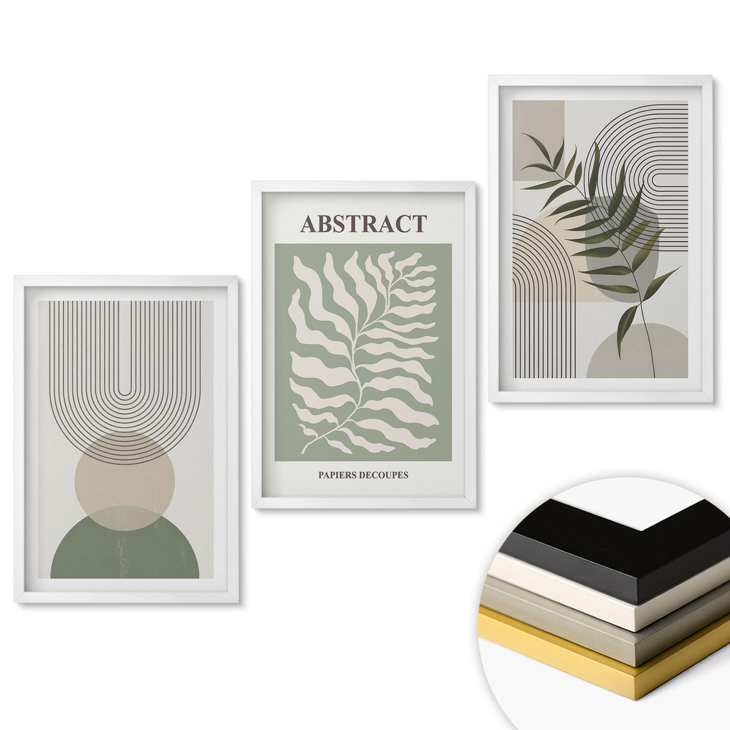 WANDBILDER 3er-Set - 40x60 cm Weißer Rahmen - Botanische Boho-Abstraktionen - Weiß, Kunststoff (40/60cm) - ArtPrintCave