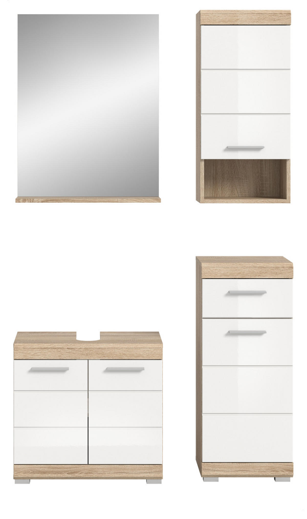 BADMÖBEL-SET weiß Hochglanz, Eiche 4-teilig 112 cm, Kombination mit viel Stauraum - Weiß Hochglanz/Eichefarben, Holzwerkstoff (112/191/34cm) - Inn.Furn