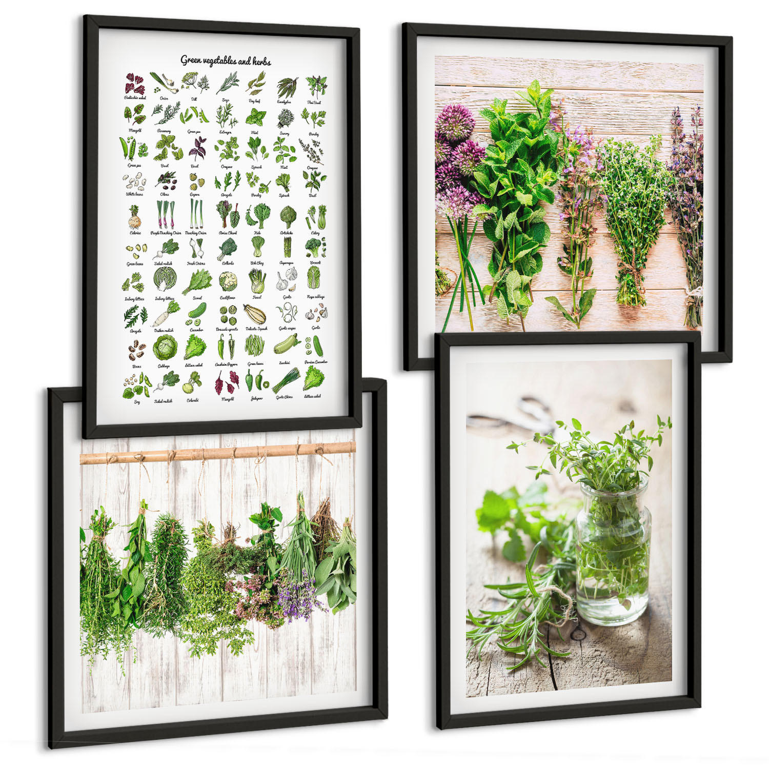 BILDER SET 4er Set - 50x50 cm & 40x60 cm Schwarzer Rahmen - Getrocknete Kräuter für die Küche - Schwarz, Kunststoff (50/50cm) - TULUP
