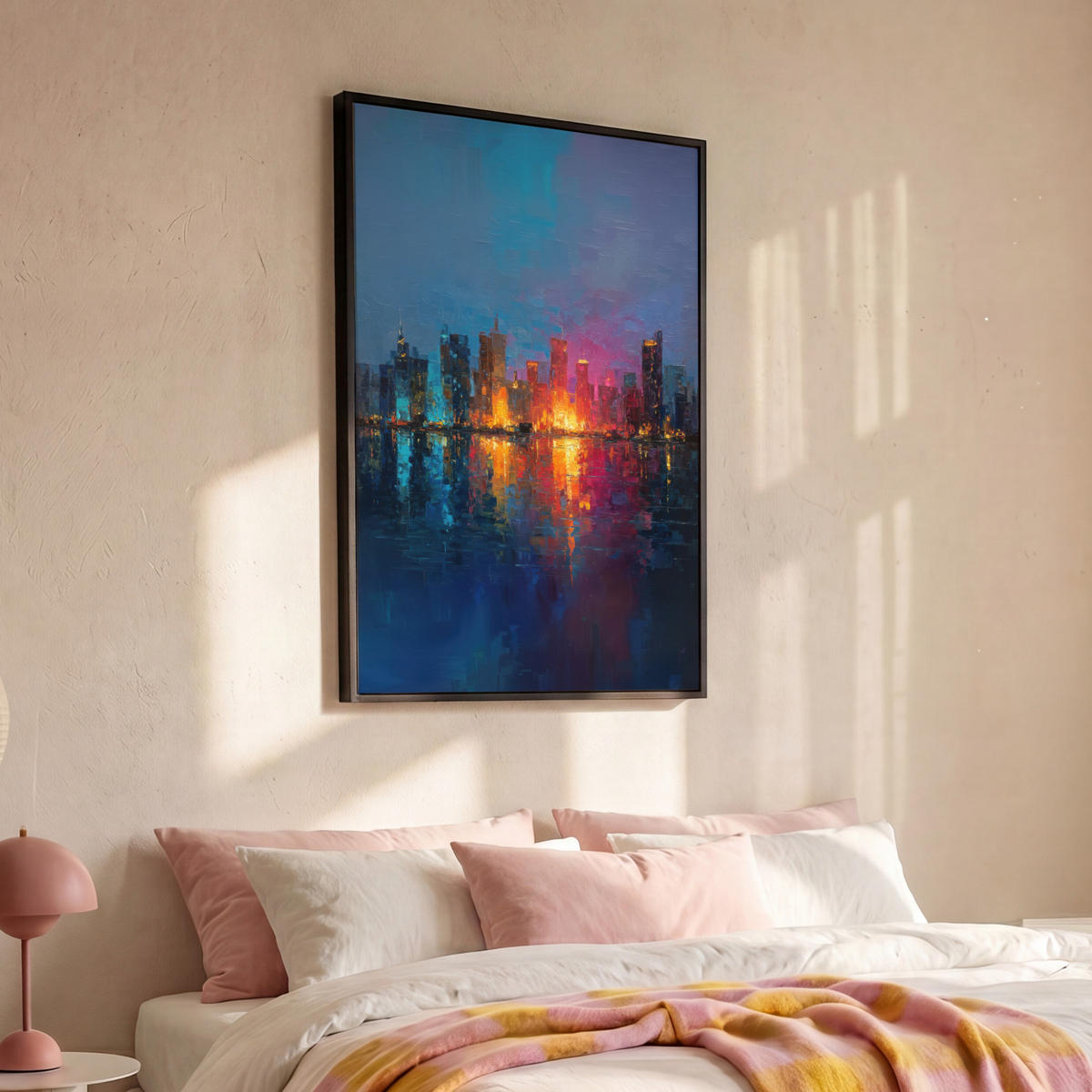 LEINWAND Bilder mit Rahmen - Skyline - Pinselstriche - Dunkelblau - Leuchtend - 90x140 - Blau, Textil (90/140cm) - MuchoWow