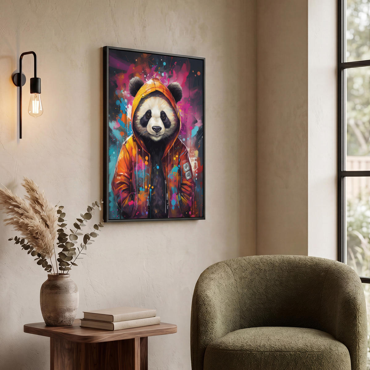 LEINWAND Bilder mit Rahmen - Panda - Jacke - Graffiti - Orange - 50x70 - Orange, Textil (50/70cm) - MuchoWow