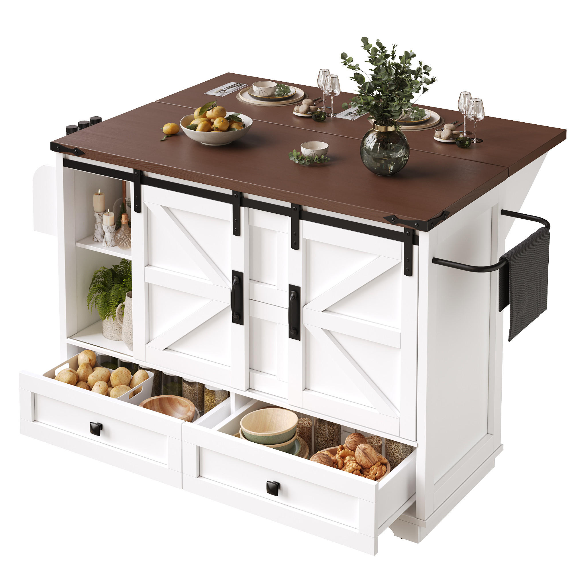 KÜCHENINSEL mit Rollen 142,5/73/92,5 cm Weiß mit 3 Schubladen, 2 Schiebetüren und Höhenverstellbare Böden, MDF - Weiß, Holz/Holzwerkstoff (142.5/92.5/73cm) - Oxeza