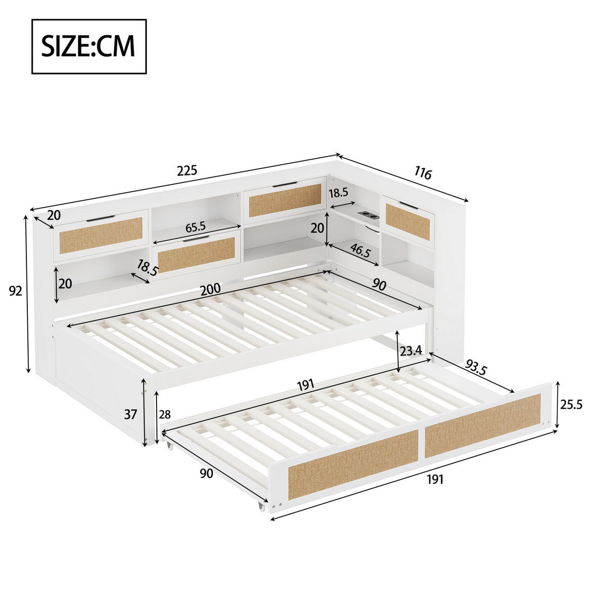 HOLZBETT 90/200 cm in Weiß mit Ausziehbett, Stauraum und USB-Anschluss - Weiß, Holz (90/200cm) - BEAOK