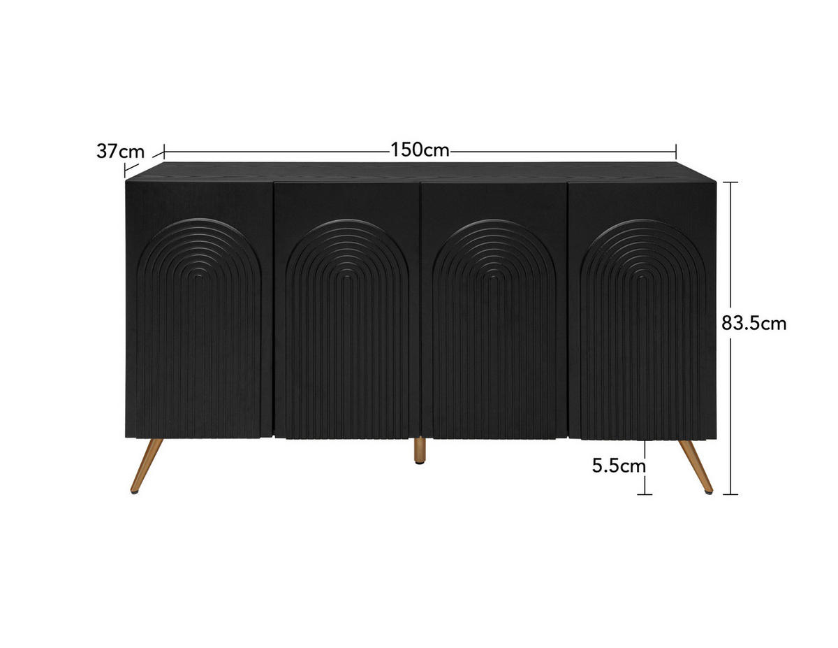 KOMODA crna od iverice s 3D letvicama valovitih vrata i podesivim policama - crna, drvni materijal (150/83/38cm) - OKWISH