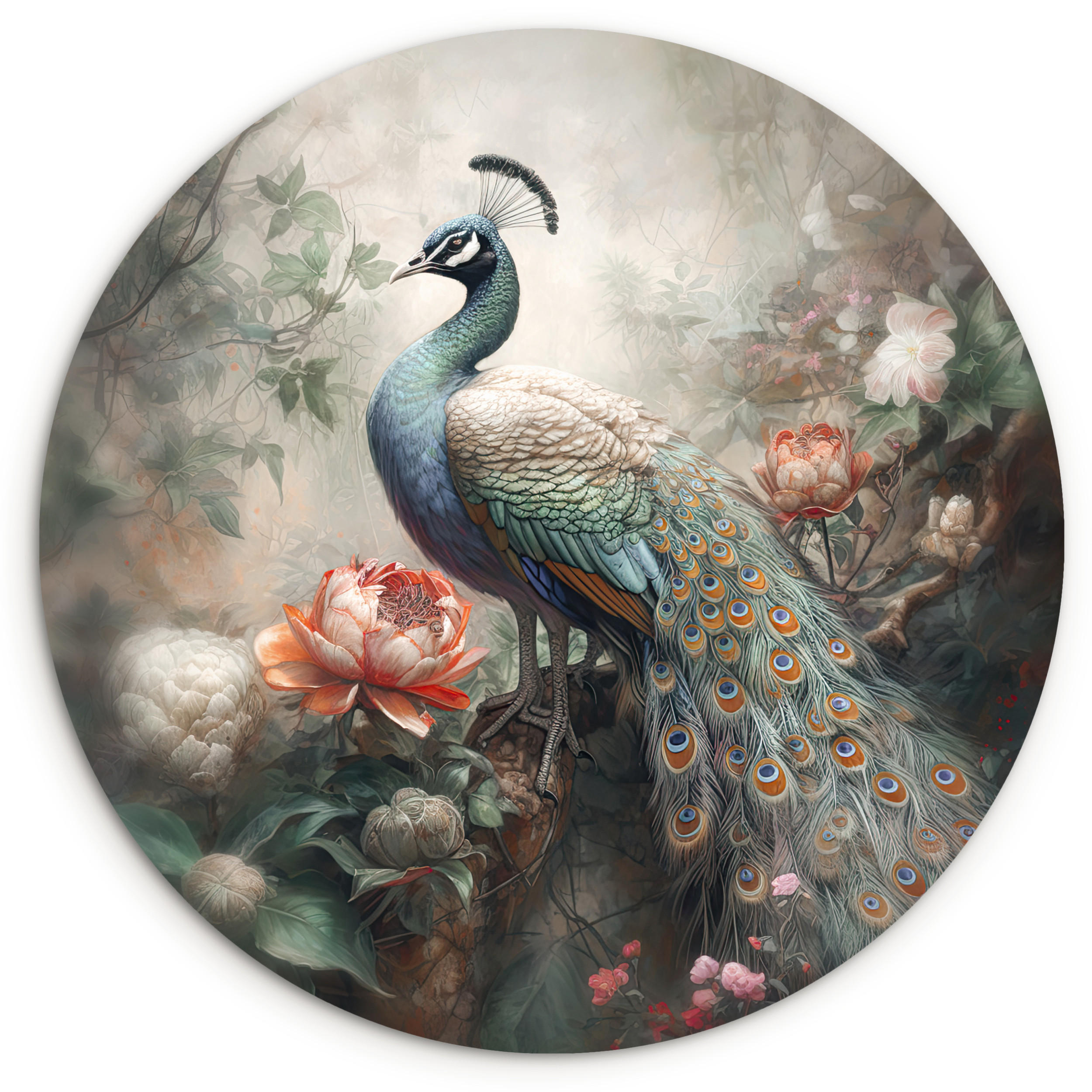 WANDBILD Pfau - Pfauenfedern - Vogel - Dschungel - Blumen 30x30 cm - Smaragdgrün, Kunststoff (30/30cm) - MuchoWow