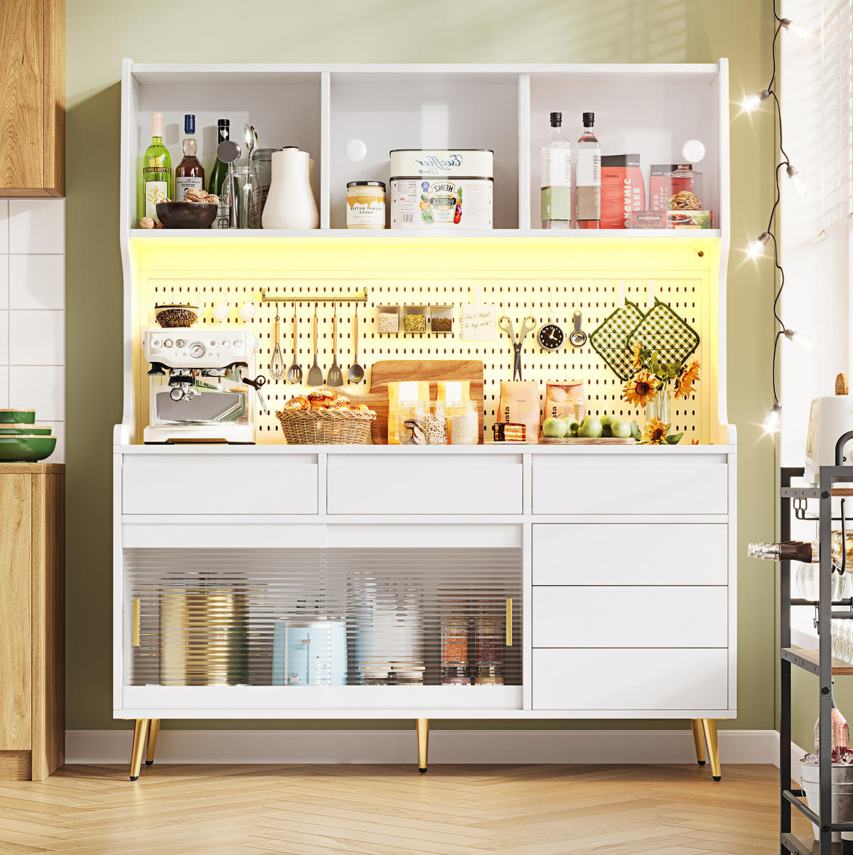 BUFFET 145/39/171 cm weiß aus MDF und Glas mit LED - Weiß, Holzwerkstoff (145/171/39cm) - OKWISH