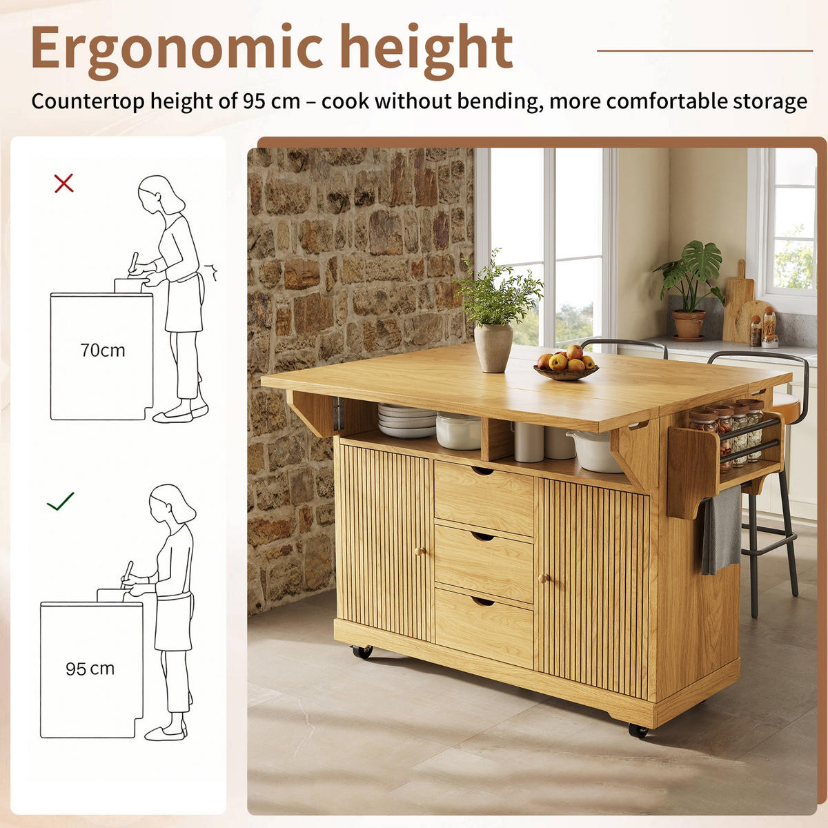KÜCHENINSEL, AUSKLAPPBARE TISCHVERLÄNGERUNGEN, MDF Naturbraun, Küche, 142,5/80/95 cm - Braun, Holzwerkstoff (80/95/142.5cm) - Rolipo