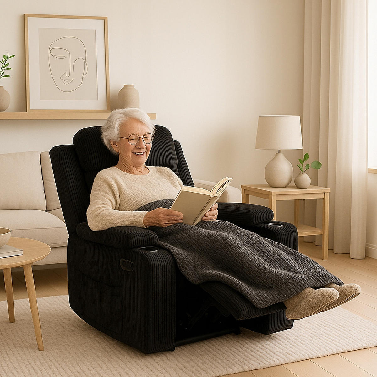 MASSAGESESSEL BOX 2 mit Fußhocker Cord Schwarz - Schwarz, Holz/Textil (87/101/85cm) - makarowski meble