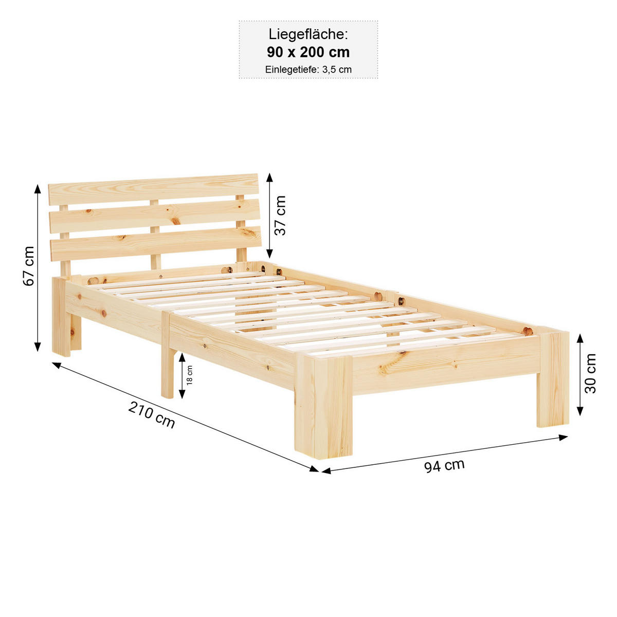 HOLZBETT Natur 90/200 cm Jugendbett mit Lattenrost - Naturfarben, Holz (90/200cm) - Homestyle4u