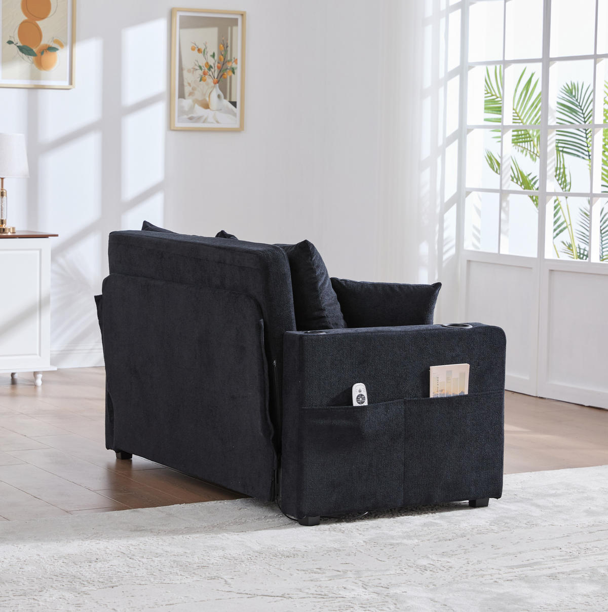 SOFA ausziehbar 139 x 83 x 58 cm Chenille Schwarz - Schwarz, Holzwerkstoff (139/83/73cm) - Meubliv
