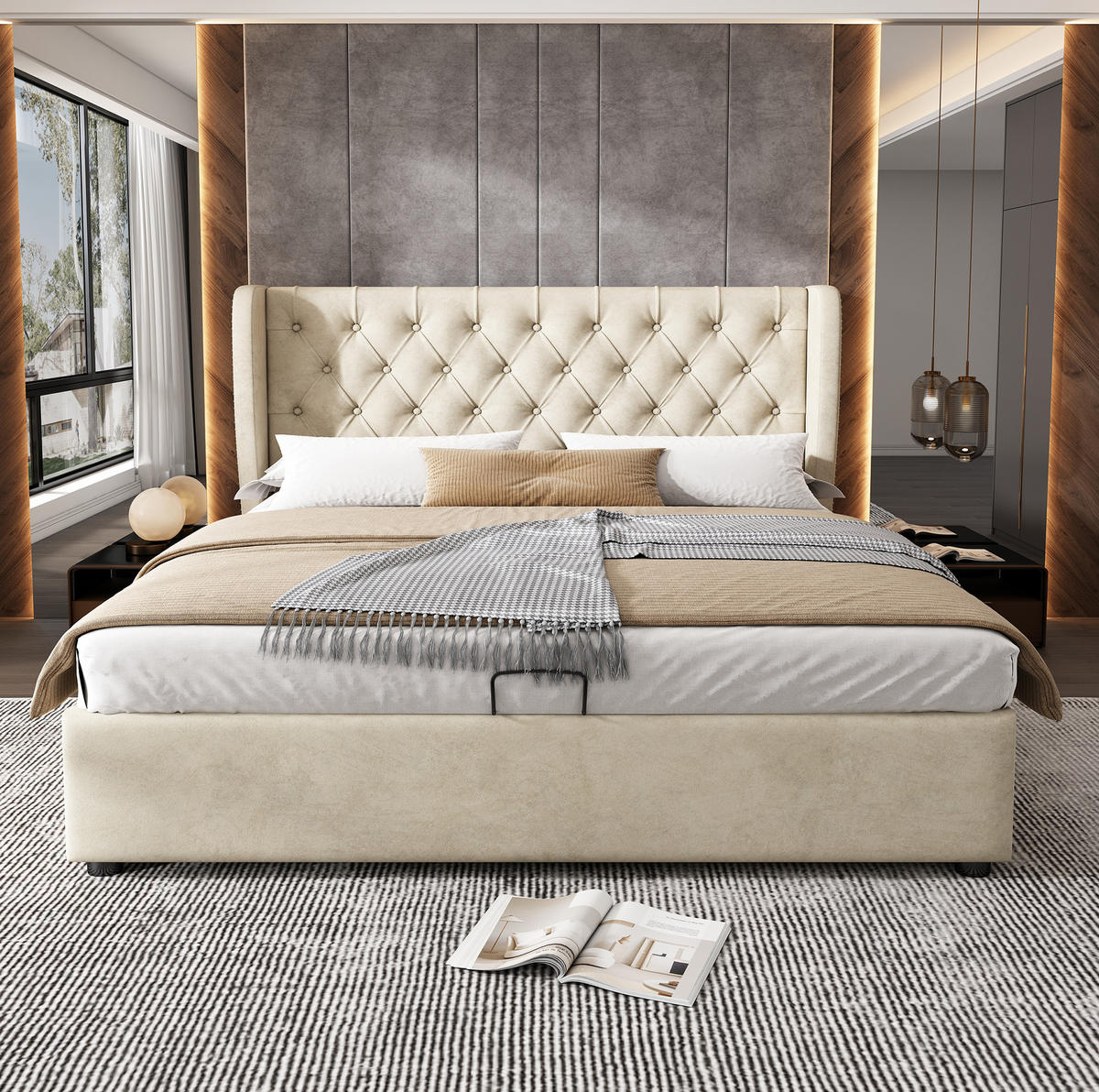 POLSTERBETT 140/200 cm Beige mit Stauraum und hydraulischem Bettkasten - Beige, Textil (140/200cm) - OKWISH