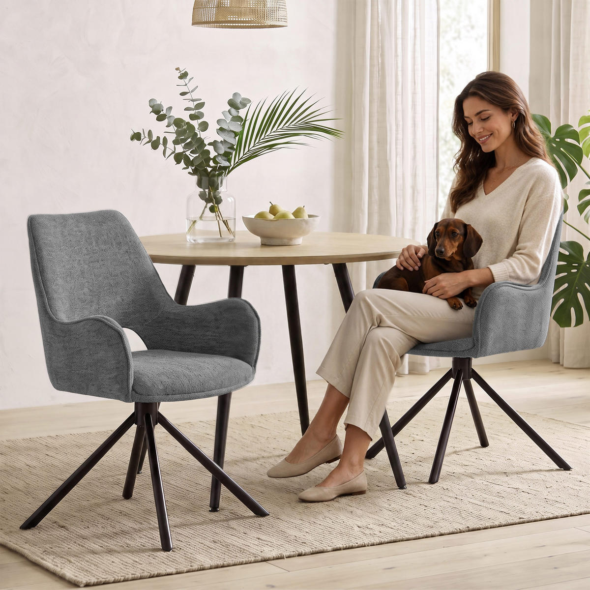 OTOČNÁ ŽIDLE Treo v látce bouclé s kovovými nohami, tmavě šedá - černá/tmavě šedá, kov (58/86/60cm) - Beautysofa