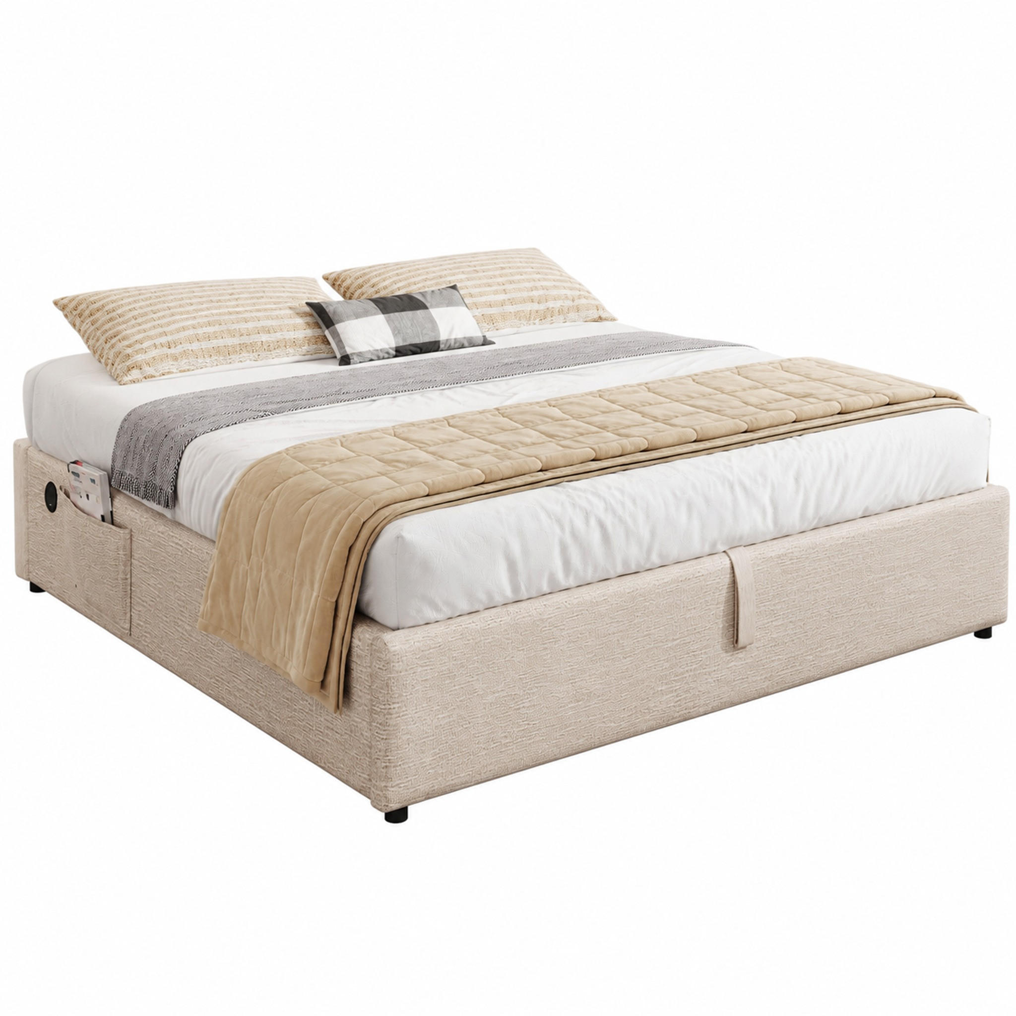 POLSTERBETT mit Stauraum 140x200 cm Leinen Natur mit USB-C - Beige, Metall (140/200cm) - Meubliv