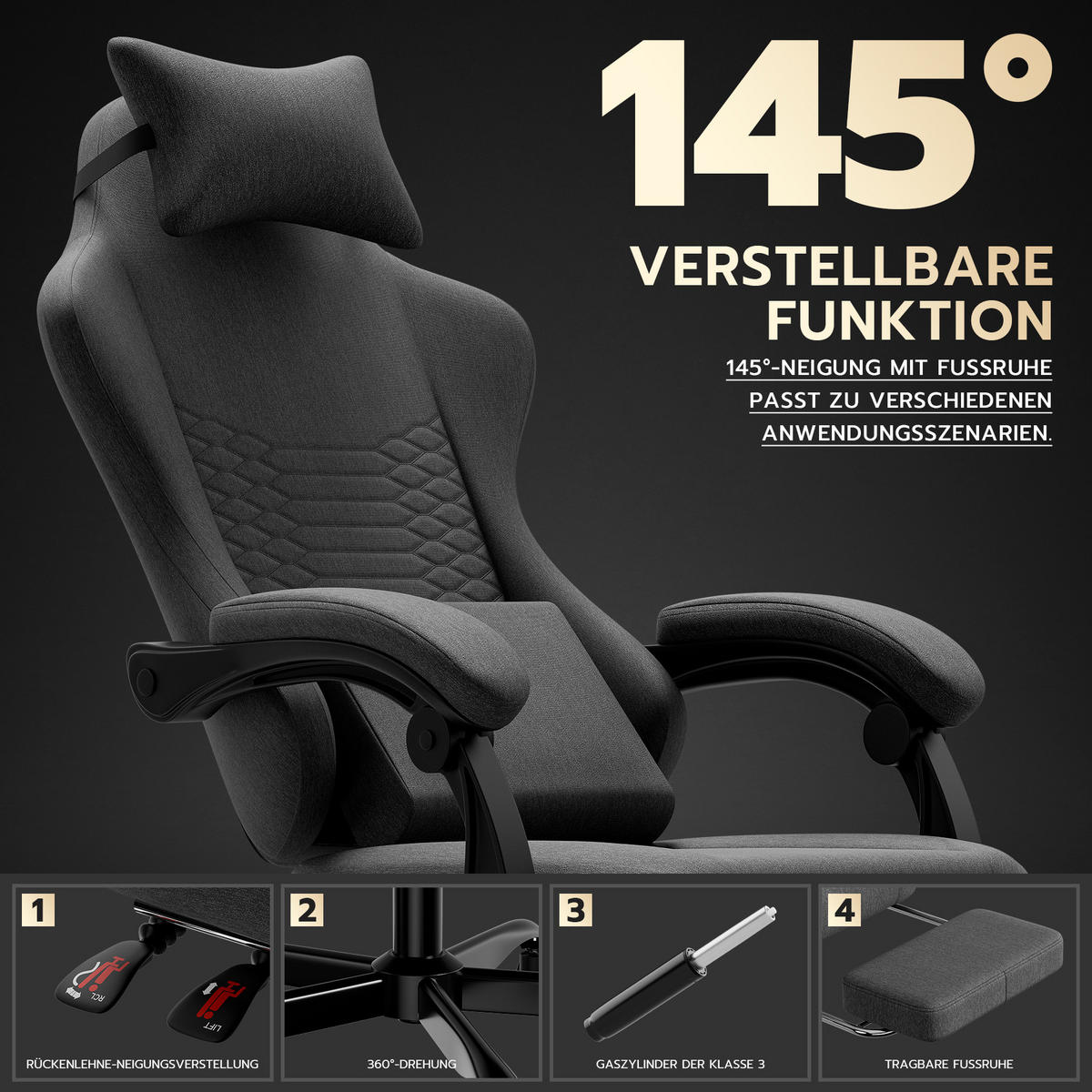 GAMINGSTUHL Dunkelgrau 58,5/63/120,5 cm - Dunkelgrau, Metall (58.5/120.5/63cm) - PANGIVO