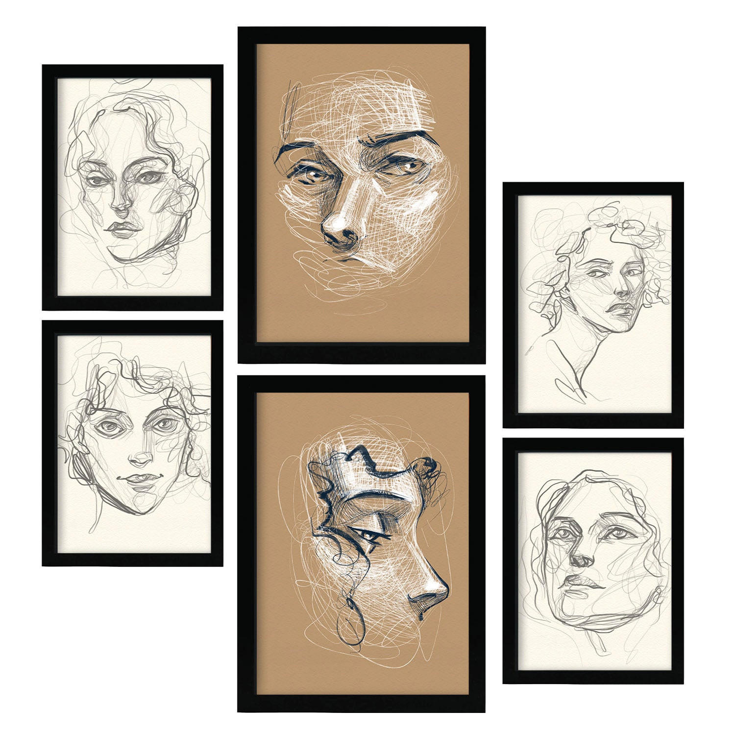 POSTER Set Mit 6 Verführerischer Junge In Weibliche Zusammenfassung A3 & A4 Schwarzer Rahmen - Schwarz, Papier (29/3cm) - Nacnic